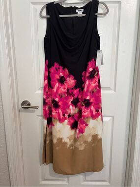 DKNY NWT Dress 10 Black Pink Floral Cowl Neck Midi Slit Cocktail Wedding Guest